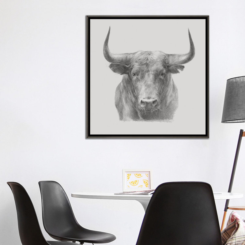 «Black Bull» par Ethan Harper - dessin, reproduction, H 37 po x l 37 po x P 1,5 po, Toile encadrée de bois rustique foncé