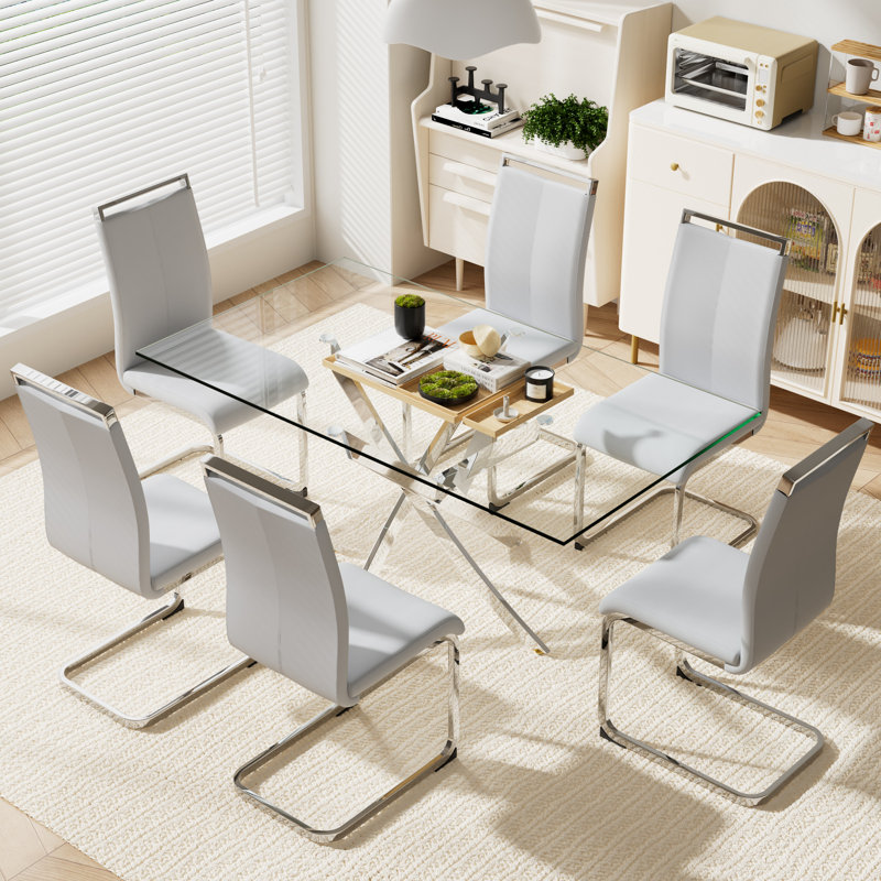 7 tables rectangulaires en verre trempé de 63 pièces avec 6 chaises rembourrées en polyuréthane, Gris léger / argent