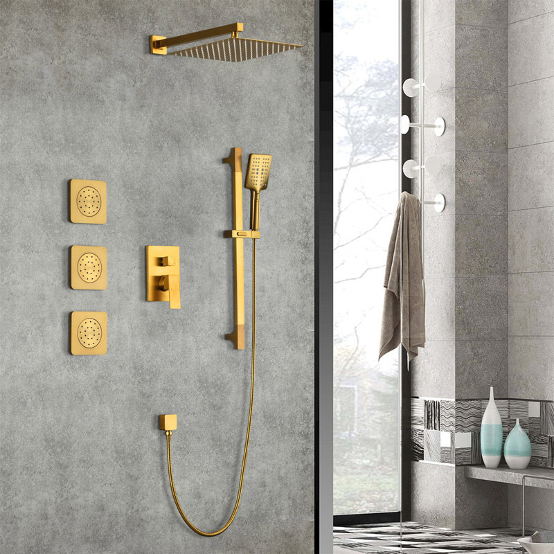 Shower System With Shower Head, Hand Shower, Slide Bar, Bodysprays, Shower Arm, Hose, Valve Trim, And Lever Handles, Gold
