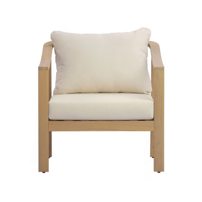 Fauteuil club de patio en bois d'acacia, siège de 26,38 po de profondeur avec coussin moelleux, dossier en lattes de bois, convient aux porches, jardins, arrière-cours et balcons (teck clair + coussin crème)