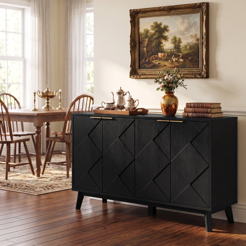 Buffet moderne de 55 po avec tablettes réglables et armoire de rangement à 4 portes pour la salle à manger, 55 inches, Noir