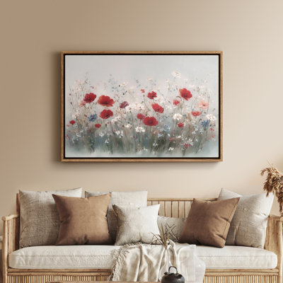 Framed Canvas Wall Art - Soft Wildflower Meadow with Red Poppies and Light Neutral Background - 16"x24", 24"x36"