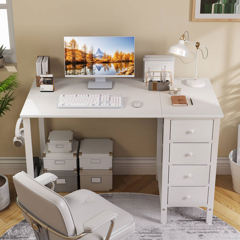 Computer Desk with 4 Drawers, Fabric Drawers Writing Desk, 29.5" H x 47.2" W x 19.7" D, White