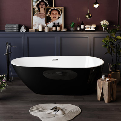59" Deep Soaking Bathtub, Non-Slip Acrylic Tub with Chrome Drain, Ergonomic Modern Bath for Bathrooms, Easy-Install, Black Pearl