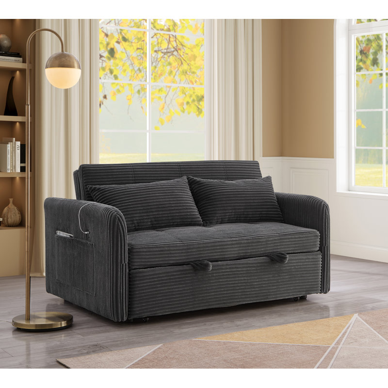 55.2" Sleeper Couch Corduroy Pull Out Sofa Bed, Gray