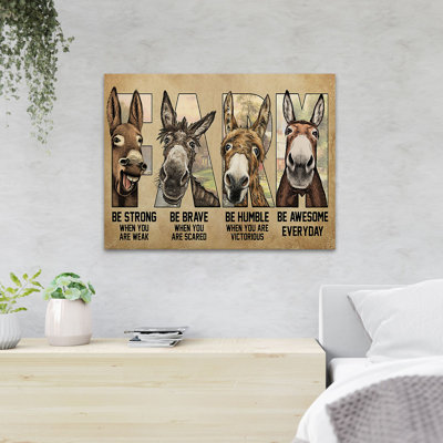 «Four Donkeys In Farm Be Strong When You Are Weak», reproduction d'art rectangulaire sur toile tendue 1 pièce