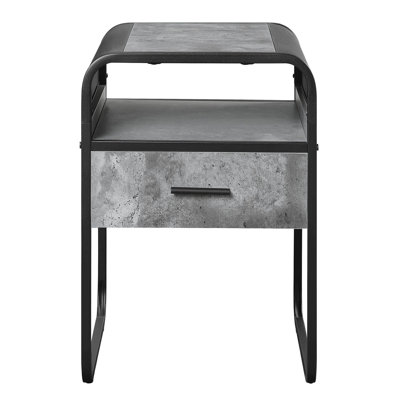 1 Concrete Grey & Black End Table, Living Room Decor Piece, Curved Edges, Metal Support And Table For Space, Elegant Nuance, Spacious Drawer,