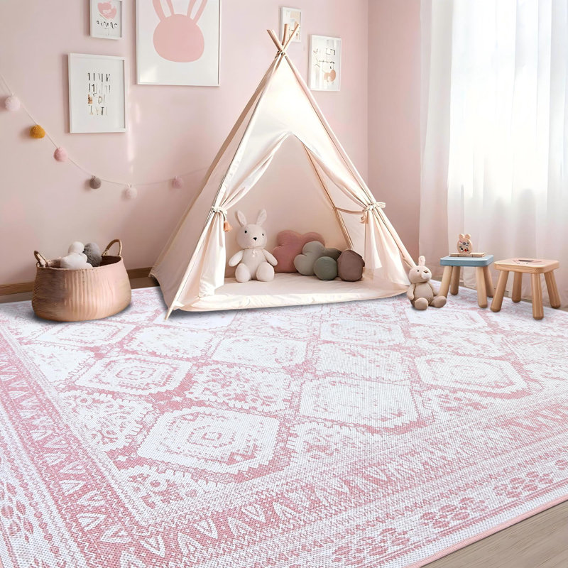 Tapis rose rétro antidérapant lavable à la machine, Rectangle 5 pi x 7 pi