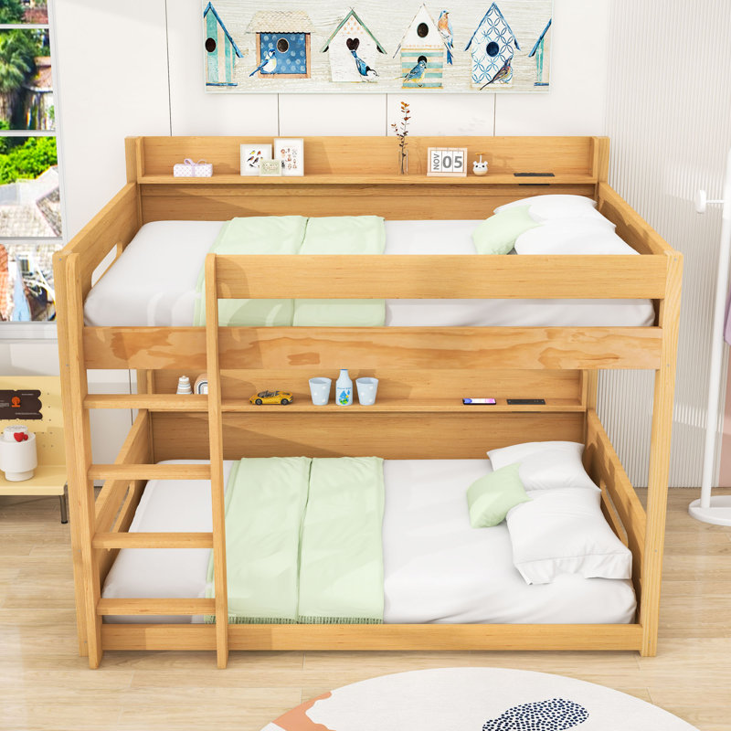 Lit superposé grand en bois avec grand espace de rangement et ports USB, Bois