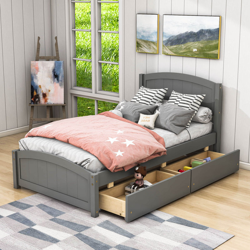 Twin Size 2 Drawers Wood Platform Bed with Headboard, Gray