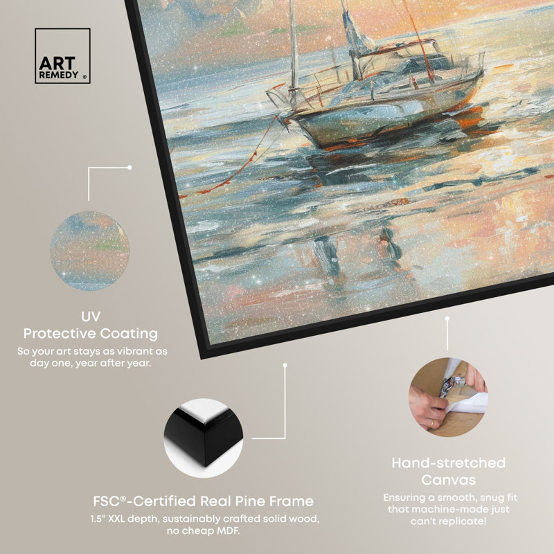 Black Framed Boat on the Shore Canvas Wall Art, 31" x 21"
