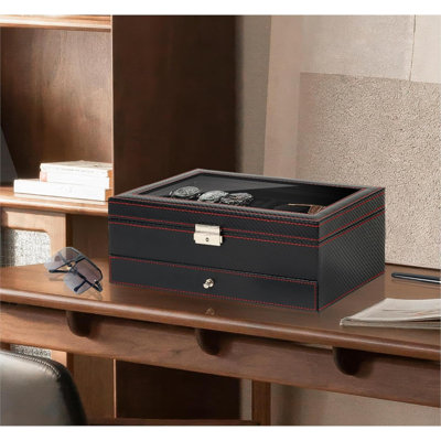 Watch Jewelry Box Organizer, 6-Slot 2-Layer Watch Case And Sunglasses Storage With  Glass Lid, Men's Jewelry Box With Lock, Watch Holder Display Case, Gift For Men Women