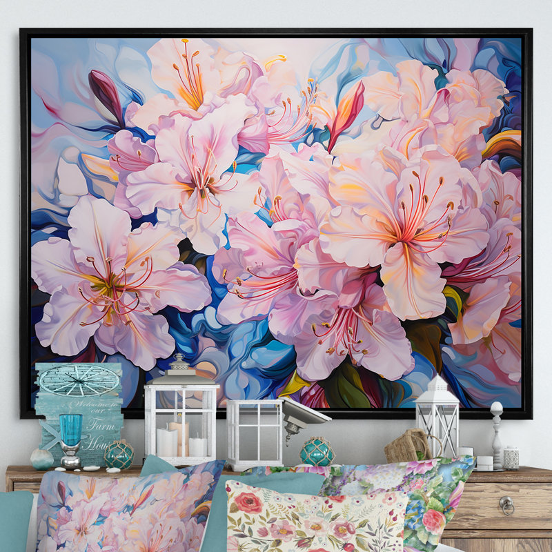 Motif de fleurs de rhododendron rose - imprimé, Cadre flottant noir, H 12 po x l 20 po x P 1 po