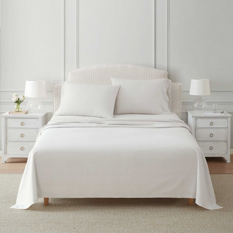 Ensemble de draps en coton percale Martha Stewart, Ensemble de draps pour très grand lit avec 2 taie, Guingan beige