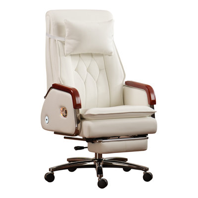 Fauteuil de bureau Kinnls Cameron avec ventilation chauffée, fauteuils de direction pour cadres entièrement inclinables avec repose-pieds rétractable, appui-tête ergonomique en cuir véritable pour fauteuil de direction (blanc)