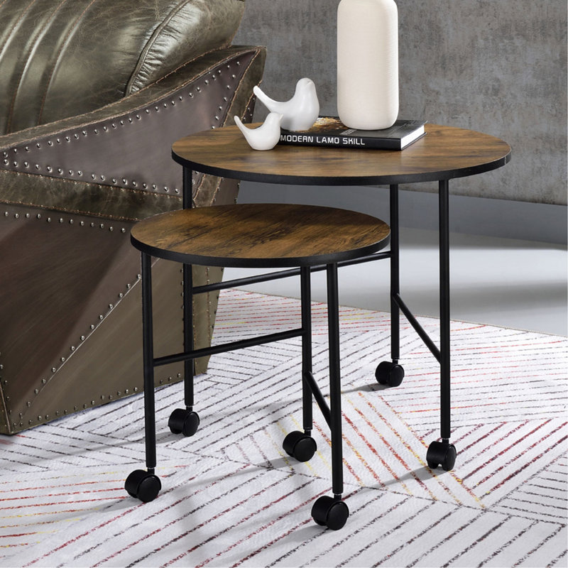 Ensemble de 2 tables gigognes avec roulettes, chêne rétro