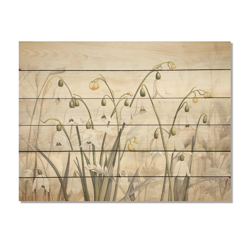Minimalism Snowdrops Beige Scenery I - Snowdrops Wood Art On Natural Pine Wood, 10" H x 20" W