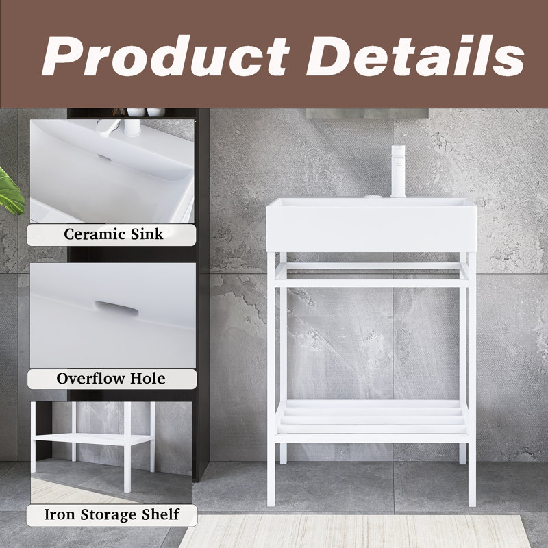 Meuble-lavabo 24 po avec lavabo en céramique, Blanc, Blanc