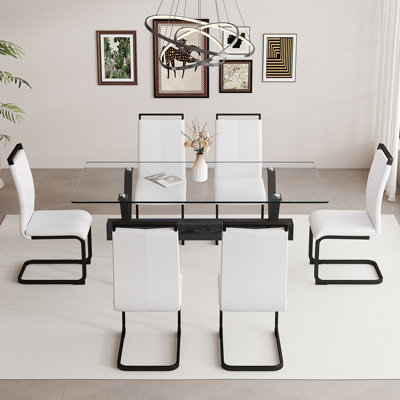 7-Piece Modern Dining Table Set, Tempered Glass Dinner Table and Chairs for Kitchen or Dining Room