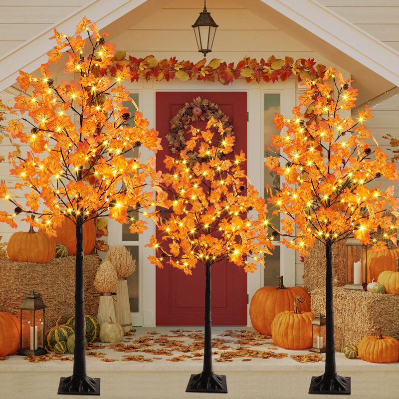 6FT/5FT/4FT Lighted Maple Trees 240LEDs Artificial Fall Trees with Lights Plug,3 Pack