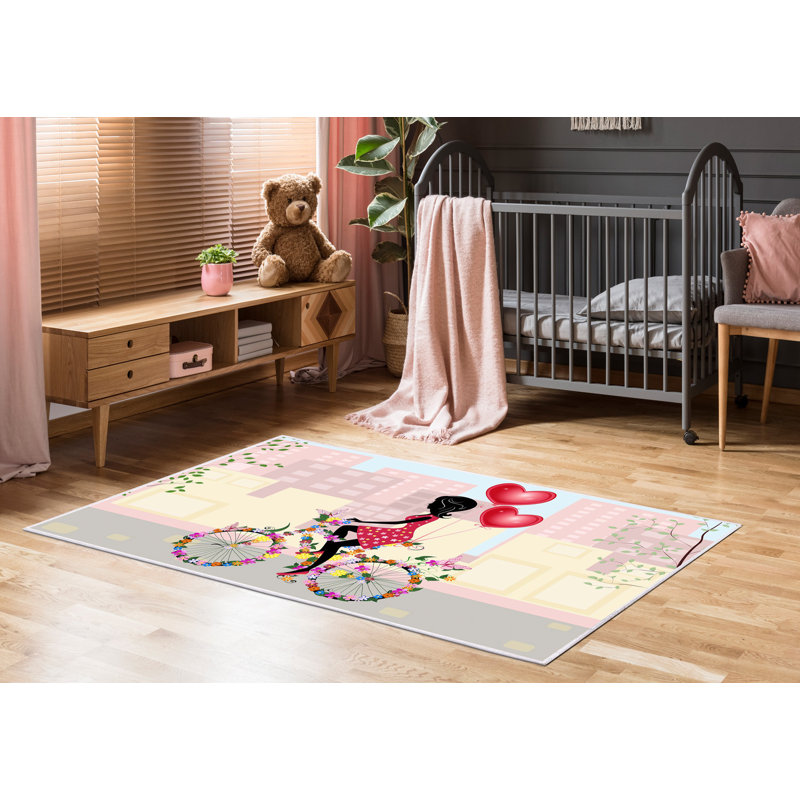 Tapis rectangulaire en polyamide tissé à la machine en rose / rouge / jaune, Rectangle 3 pi 11 po x 5 pi 11 po