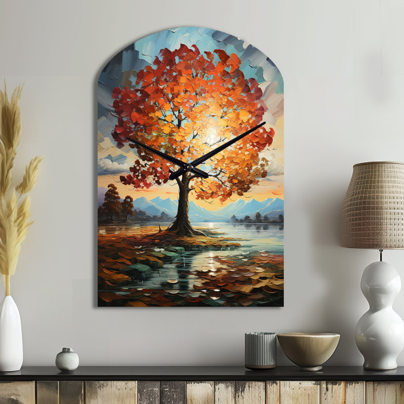 Orange Teal Maple Tree Majestic Maple - Arch Shape Unique Tree Maple Wall Clock, Medium