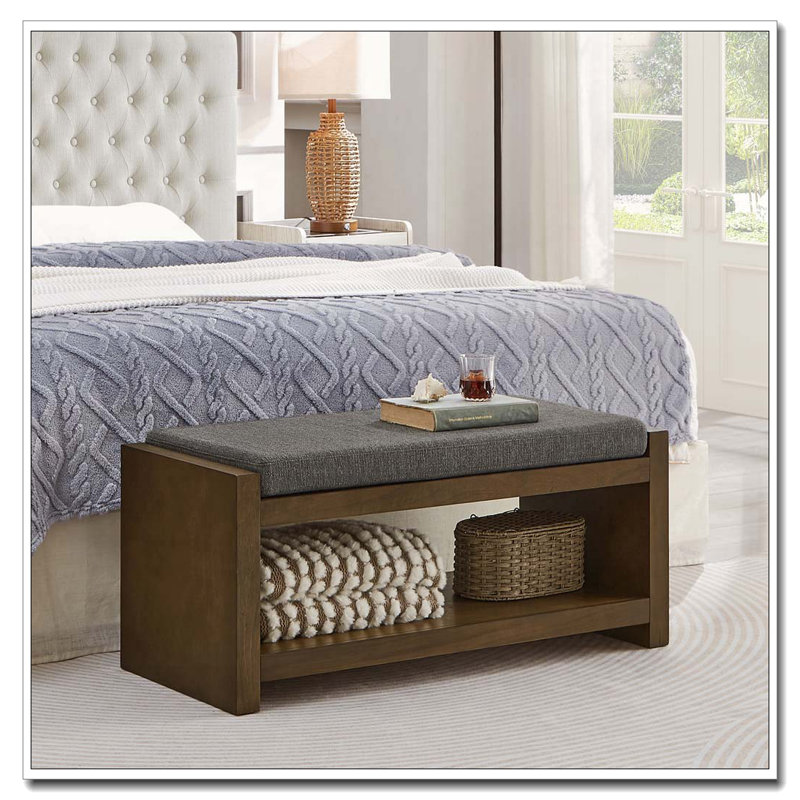 Banc de rangement à structure en bois avec coussin amovible, tablette inférieure, Granite