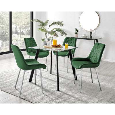 Scandinavian Style Glass and Metal Leg Square Dining Table Set - 4 Modern Velvet Dining Chairs