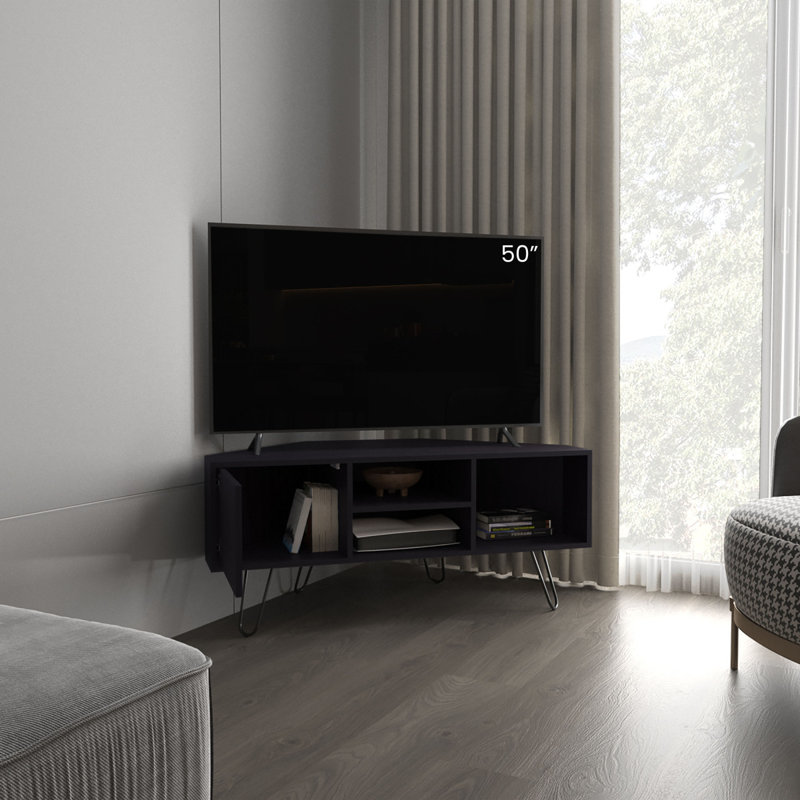 Meuble télé de coin Lancaster, avec deux tablettes et deux armoires, noir