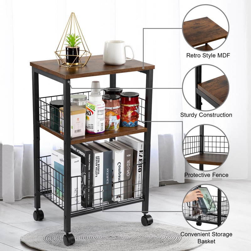 Rustic Brown 3-Tier Side Table with Metal Frame and Storage Basket