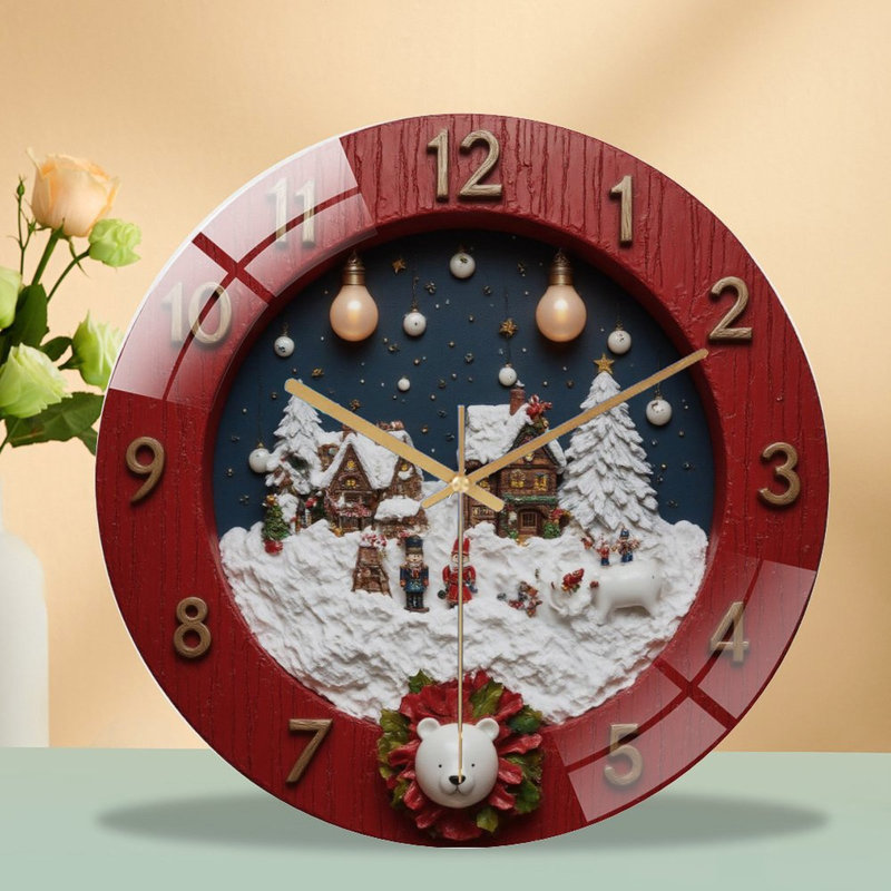 Horloge murale de Noël enneigée, village enneigé, horloge murale moderne en verre de 12 po