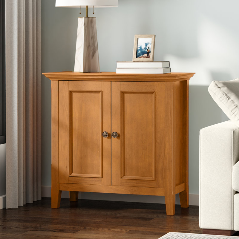 Manervia 32"W Solid Wood Low Storage Cabinet With Adjustable Shelves, Light Golden Brown