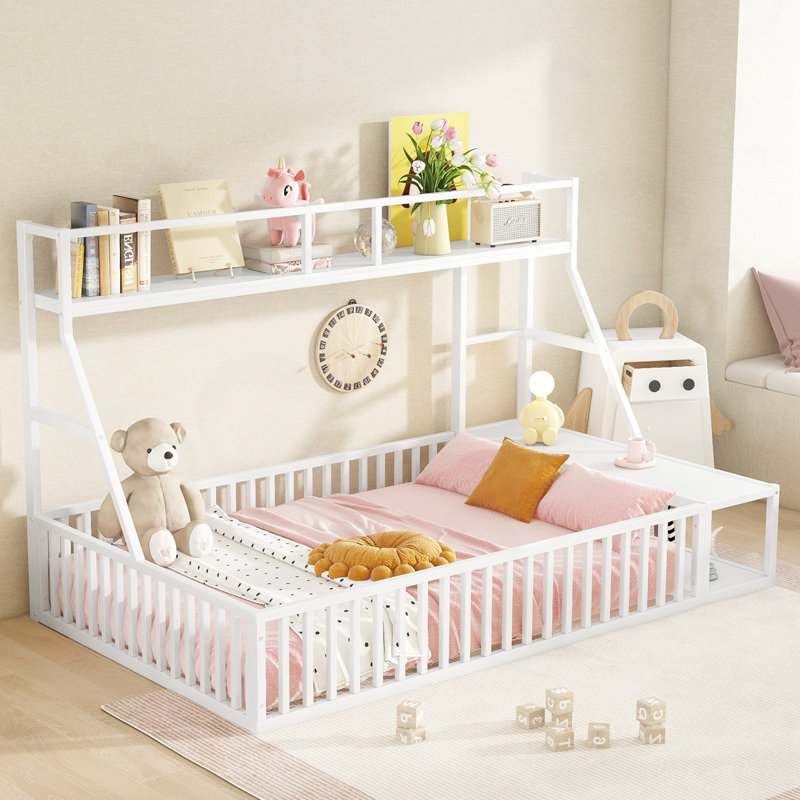 Lit double pour enfant avec clôture de sécurité et bureau intégré, Blanc cassé