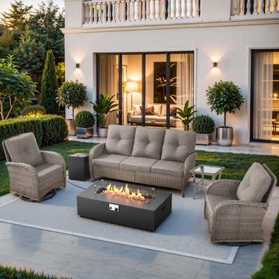 Bruner 5-Piece Swivel Wicker Rattan Patio Fire Pit Conversation Set With Hidden Tank Holder