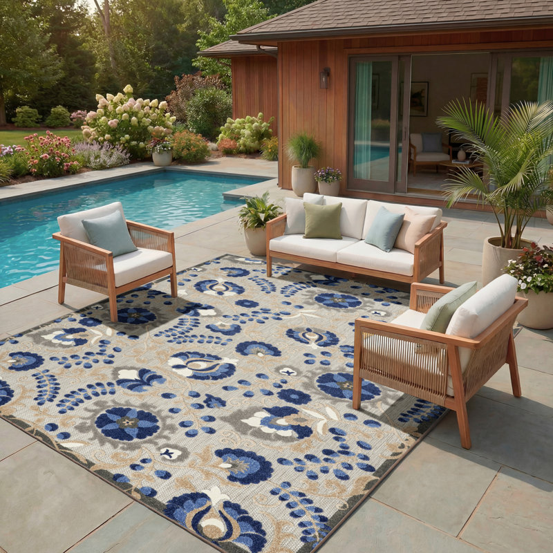 Tapis intérieur / extérieur bleu / gris Ciann, Rectangle 9 pi 6 po x 13 pi