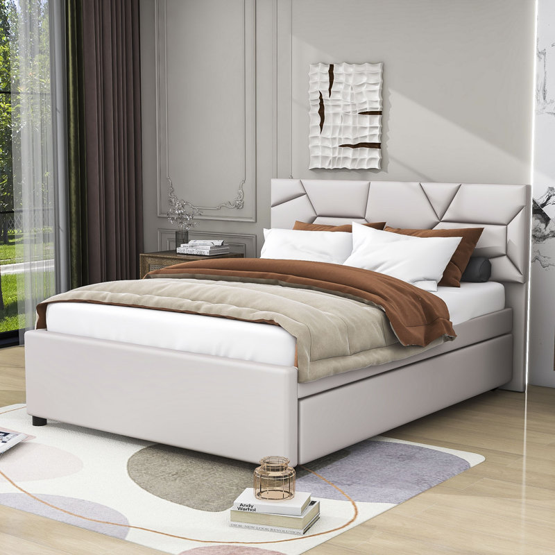 Lit plateforme tapissier avec couchette Elerte, Double, Beige