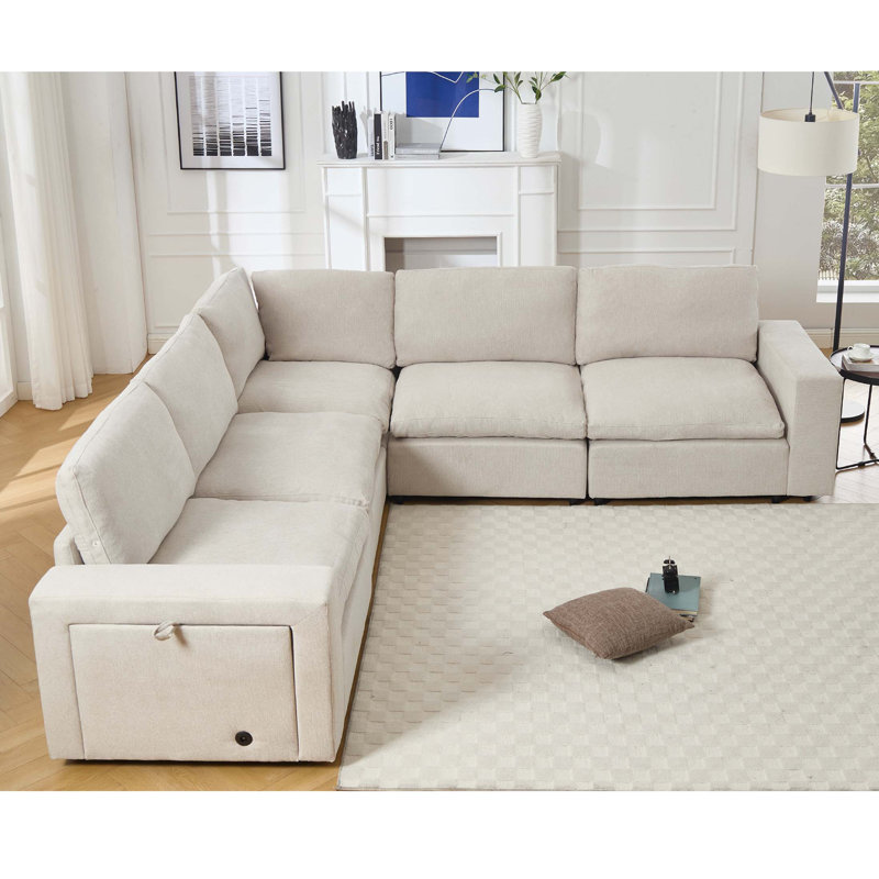 [NOUVEAUTÉ [VIDÉO FOURNI: canapés modulaires pour salon, canapé modulaire, port de charge sans fil et porte-gobelets, 5 sièges, combinaison de bricolage, canapé en L, espace de rangement pour livres, tissu en lin doux, beige