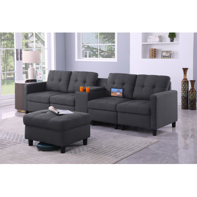 Upholstered 5 Seats Sofa with Storage& Cup Holder Console, Reversible Ottoman