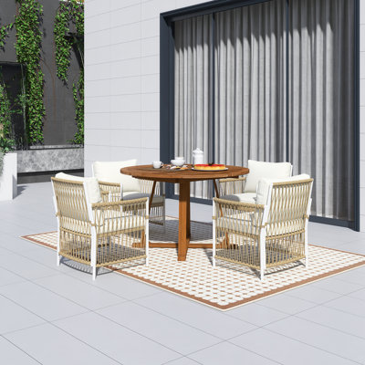 5-Piece Outdoor Modern Patio Extendable Acacia Wood Dining Table Set, 12 Inch Butterfly Leaf Foldable Round Table Set With 4 Rattan Arm Chairs,Sturdy Iron Frames,Removable Cushion Covers ,Easy To Install