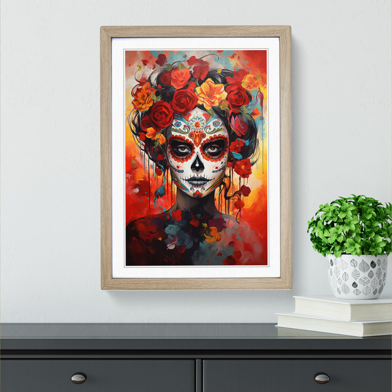 Sugar Skull Modern No.2 - Single Picture Frame Print on Wood, Oak, 34cm H x 25cm W x 2cm D
