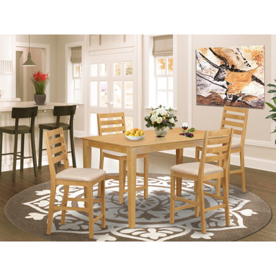 5 Piece Counter Height Dining Set Includes a Rectangle Kitchen Table and 4 Linen Fabric Upholstered Dining Chairs, 36x60 Inch, Oak