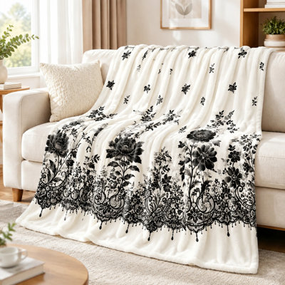 Floral Print Plush Throw Blanket, Elegant Black Lace Pattern Soft Cozy Fleece Bedding for Sofa Couch Bedroom Living Room Home Decor