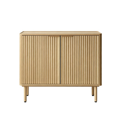 Buffet/buffet style Mid-Century en bois naturel avec portes d'armoire cannelées verticales, dosseret autoportant en panneaux de particules avec étagères réglables pour coin café, salle à manger et rangement d'entrée (unité)