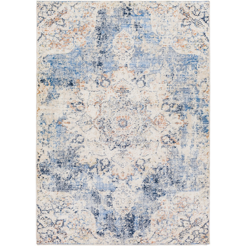 Tapis floral ivoire / bleu marine Hoisington, Rectangle 8 pi 8 po x 13 pi
