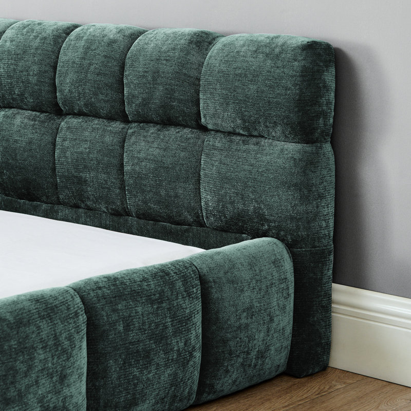 Très grand lit tapissier avec tissu et tête de lit bleu épais, conception plateforme, sommeil confortable, sans sommier tapissier, guide d'instructions d'assemblage 90 po x 80,5 po x 31 po, simple et moderne, tissu doux et confortable