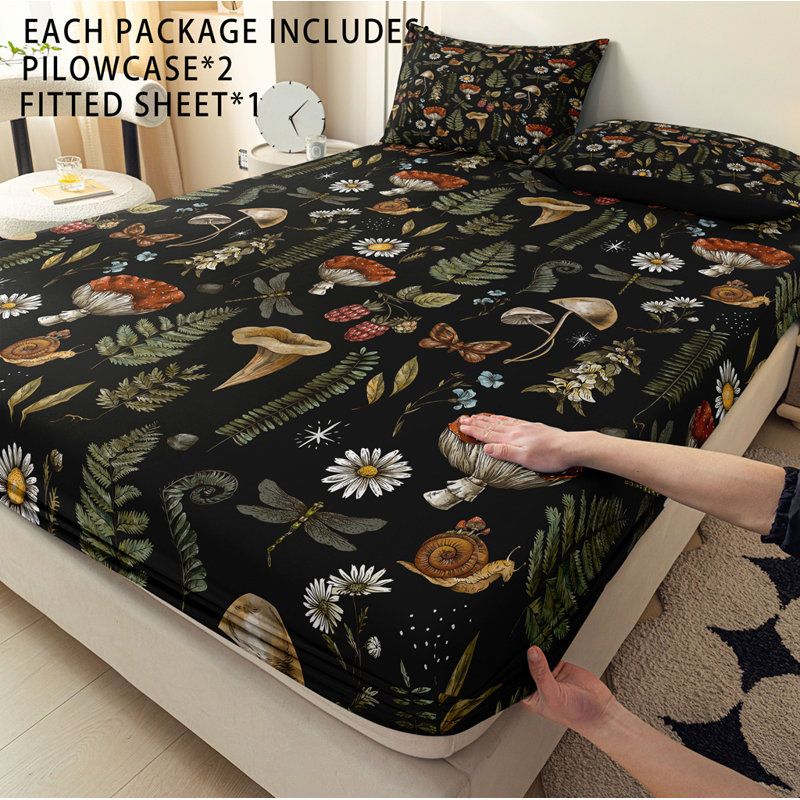 Orylavena Vintage Mushroom and Fern Fitted Sheet Set, Botanical Nature Garden Microfiber Bedding with Snails and Butterflies, Twin Full Queen King, 1 Fitted Sheet and 2 Pillowcases, Digital Print, White Backside, No Pillow Insert Included