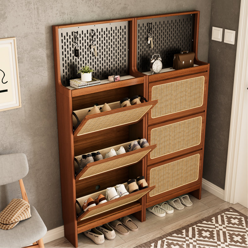 Armoire à chaussures grande capacité pour entrée, H 65 po, 3 tiroirs rabattables et noir, armoire pratique, H 65 po avec rangement caché, s'adapte à divers styles de maison, fabrication