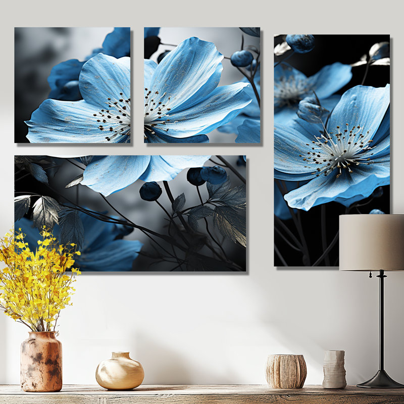 Symphonie botanique grise et bleue I - art mural bleu 4 panneaux, Toile tendue, Ne s’applique pas