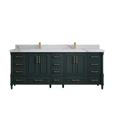 84 In. W X 22 In. D Aberdeen Double Sink Bathroom Vanity In Dark Forest Green With 2 In. Calacatta Gold Quartz -  Willow Collections, ABD_DGN_CA_GL_84