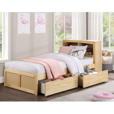 Lit simple moderne transitionnel avec tête de lit bibliothèque et rangement au fini pin
